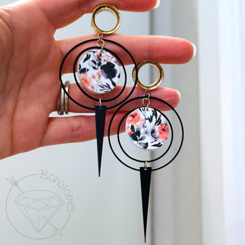 Rose gold / copper floral black fall fashion hoop earrings screw back plugs gauges tunnels: 2g 0g 00g 1/2