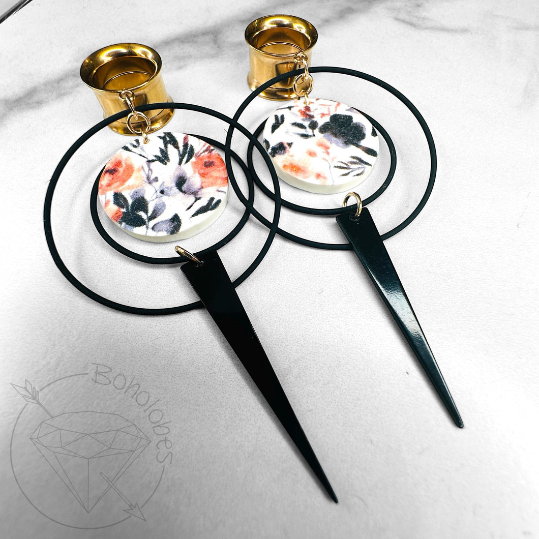 Rose gold / copper floral black fall fashion hoop earrings screw back plugs gauges tunnels: 2g 0g 00g 1/2