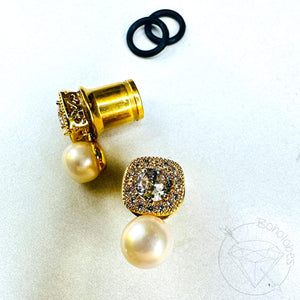Gold crystal and pearl plugs Square CZ halo stud wedding bridal plugs for gauged or stretched ears: Size 0g 8mm