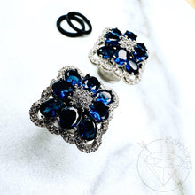 Load image into Gallery viewer, Square chunky brooch rhinestone clear and sapphire crystal white gold formal wedding bridal plugs gauges 0g 11/32&quot; 00g 7/16&quot; 1/2” 9/16&quot; 5/8&quot;