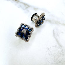 Load image into Gallery viewer, Square chunky brooch rhinestone clear and sapphire crystal white gold formal wedding bridal plugs gauges 0g 11/32&quot; 00g 7/16&quot; 1/2” 9/16&quot; 5/8&quot;