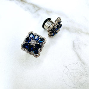 Square chunky brooch rhinestone clear and sapphire crystal white gold formal wedding bridal plugs gauges 0g 11/32" 00g 7/16" 1/2” 9/16" 5/8"