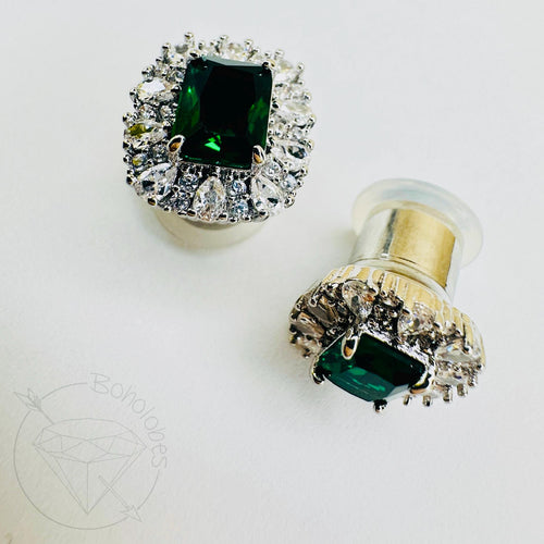 Emerald crystal plugs oval CZ white gold silver formal plugs gauges : Sizes 6g 4g 2g 1g 0g 11/32