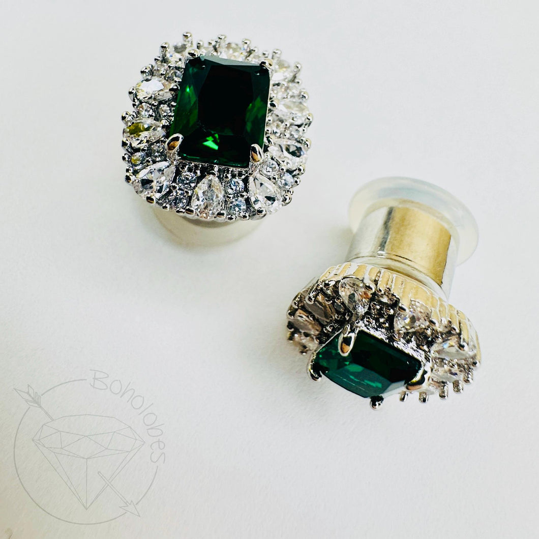 Emerald crystal plugs oval CZ white gold silver formal plugs gauges : Sizes 6g 4g 2g 1g 0g 11/32