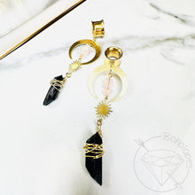 Load image into Gallery viewer, Gold celestial crescent moon rose quartz crystal pearl drop dangle plugs: 2g - 25mm