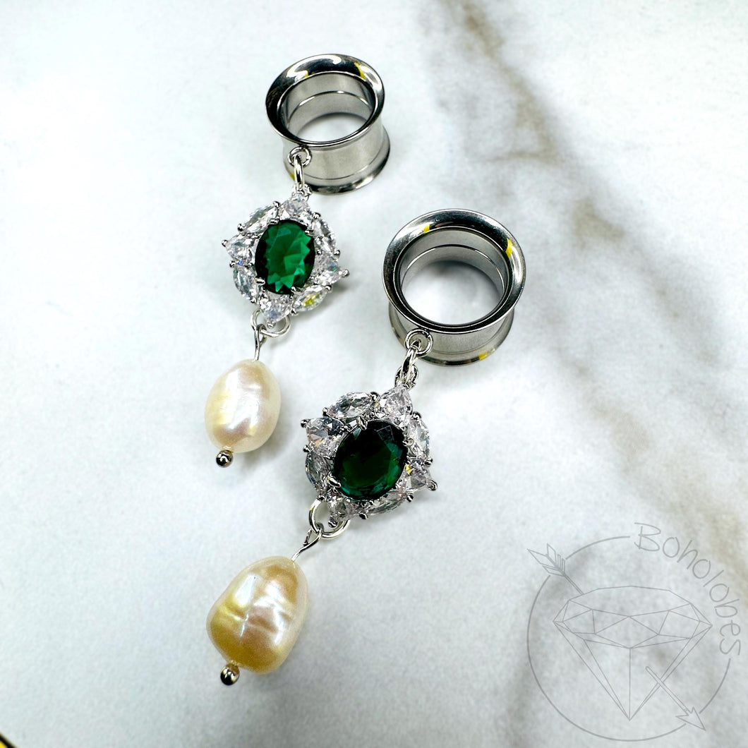 White gold emerald and pearl screw back plugs gauges tunnels: 2g - 30mm