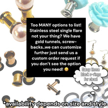 Load image into Gallery viewer, Black celestial crescent moon goth fall fashion dangle plugs with Ab crystal 8g 6g 4g 2g 1g 0g 11/32&quot; 00g 7/16&quot; 1/2” 9/16” 5/8” 3/4” 7/8” 1”