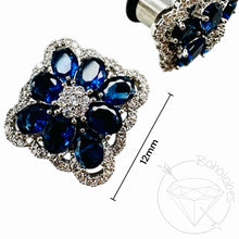 Load image into Gallery viewer, Square chunky brooch rhinestone clear and sapphire crystal white gold formal wedding bridal plugs gauges 0g 11/32&quot; 00g 7/16&quot; 1/2” 9/16&quot; 5/8&quot;