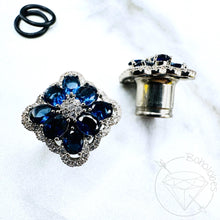 Load image into Gallery viewer, Square chunky brooch rhinestone clear and sapphire crystal white gold formal wedding bridal plugs gauges 0g 11/32&quot; 00g 7/16&quot; 1/2” 9/16&quot; 5/8&quot;