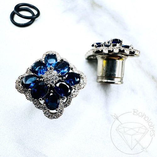 Square chunky brooch rhinestone clear and sapphire crystal white gold formal wedding bridal plugs gauges 0g 11/32