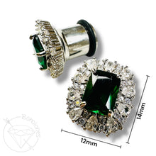 Load image into Gallery viewer, Emerald crystal plugs oval CZ white gold silver formal plugs gauges : Sizes 6g 4g 2g 1g 0g 11/32&quot; 00g