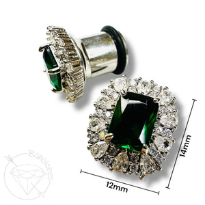 Emerald crystal plugs oval CZ white gold silver formal plugs gauges : Sizes 6g 4g 2g 1g 0g 11/32" 00g