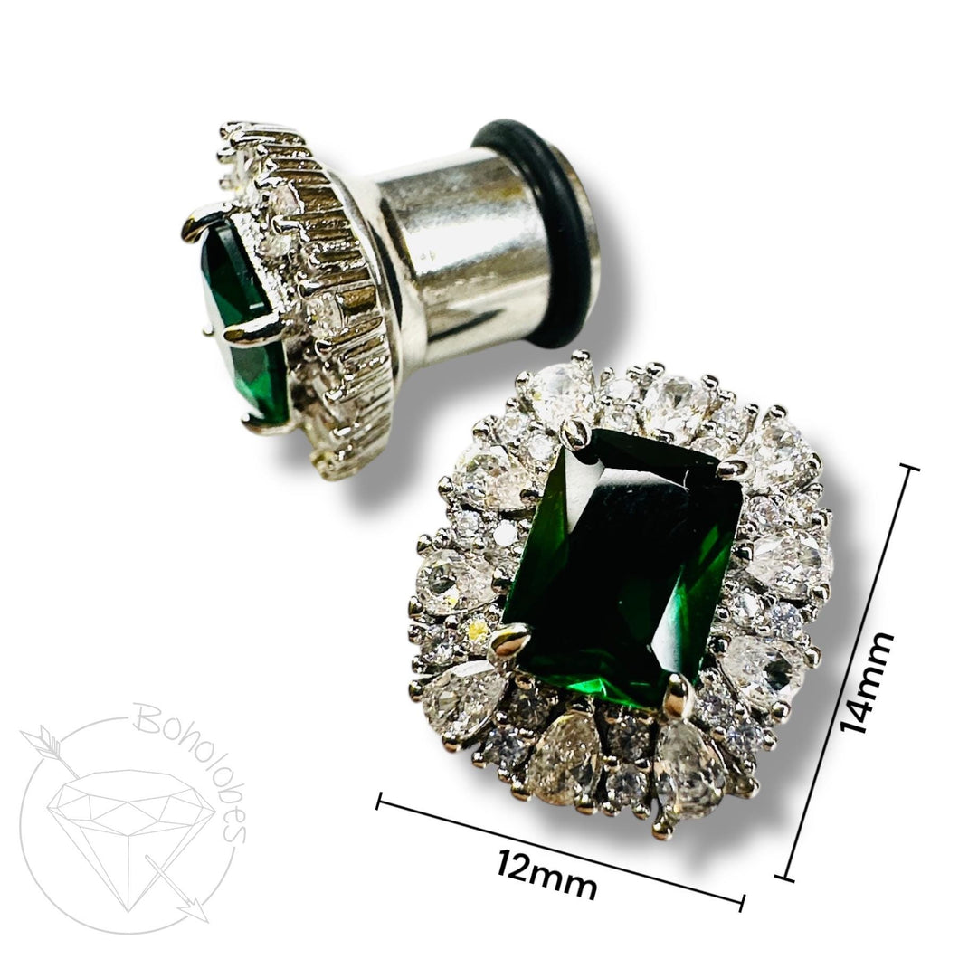Emerald crystal plugs oval CZ white gold silver formal plugs gauges : Sizes 6g 4g 2g 1g 0g 11/32