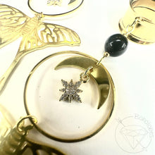 Load image into Gallery viewer, Gold witchy celestial moth crescent drop dangle plugs: 2g 0g 00g 1/2" 9/16" 5/8" 18mm 20mm 22mm 25mm