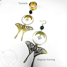 Load image into Gallery viewer, Gold witchy celestial moth crescent drop dangle plugs: 2g 0g 00g 1/2" 9/16" 5/8" 18mm 20mm 22mm 25mm