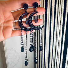 Load image into Gallery viewer, Black celestial crescent moon goth fall fashion dangle plugs with Ab crystal 8g 6g 4g 2g 1g 0g 11/32&quot; 00g 7/16&quot; 1/2” 9/16” 5/8” 3/4” 7/8” 1”