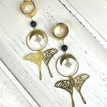 Load image into Gallery viewer, Gold witchy celestial moth crescent drop dangle plugs: 2g 0g 00g 1/2" 9/16" 5/8" 18mm 20mm 22mm 25mm