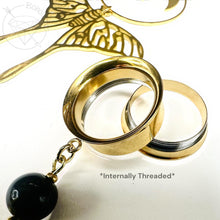 Load image into Gallery viewer, Gold witchy celestial moth crescent drop dangle plugs: 2g 0g 00g 1/2" 9/16" 5/8" 18mm 20mm 22mm 25mm