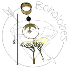 Load image into Gallery viewer, Gold witchy celestial moth crescent drop dangle plugs: 2g 0g 00g 1/2" 9/16" 5/8" 18mm 20mm 22mm 25mm