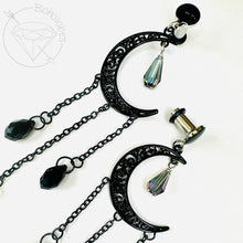 Load image into Gallery viewer, Black celestial crescent moon goth fall fashion dangle plugs with Ab crystal 8g 6g 4g 2g 1g 0g 11/32&quot; 00g 7/16&quot; 1/2” 9/16” 5/8” 3/4” 7/8” 1”
