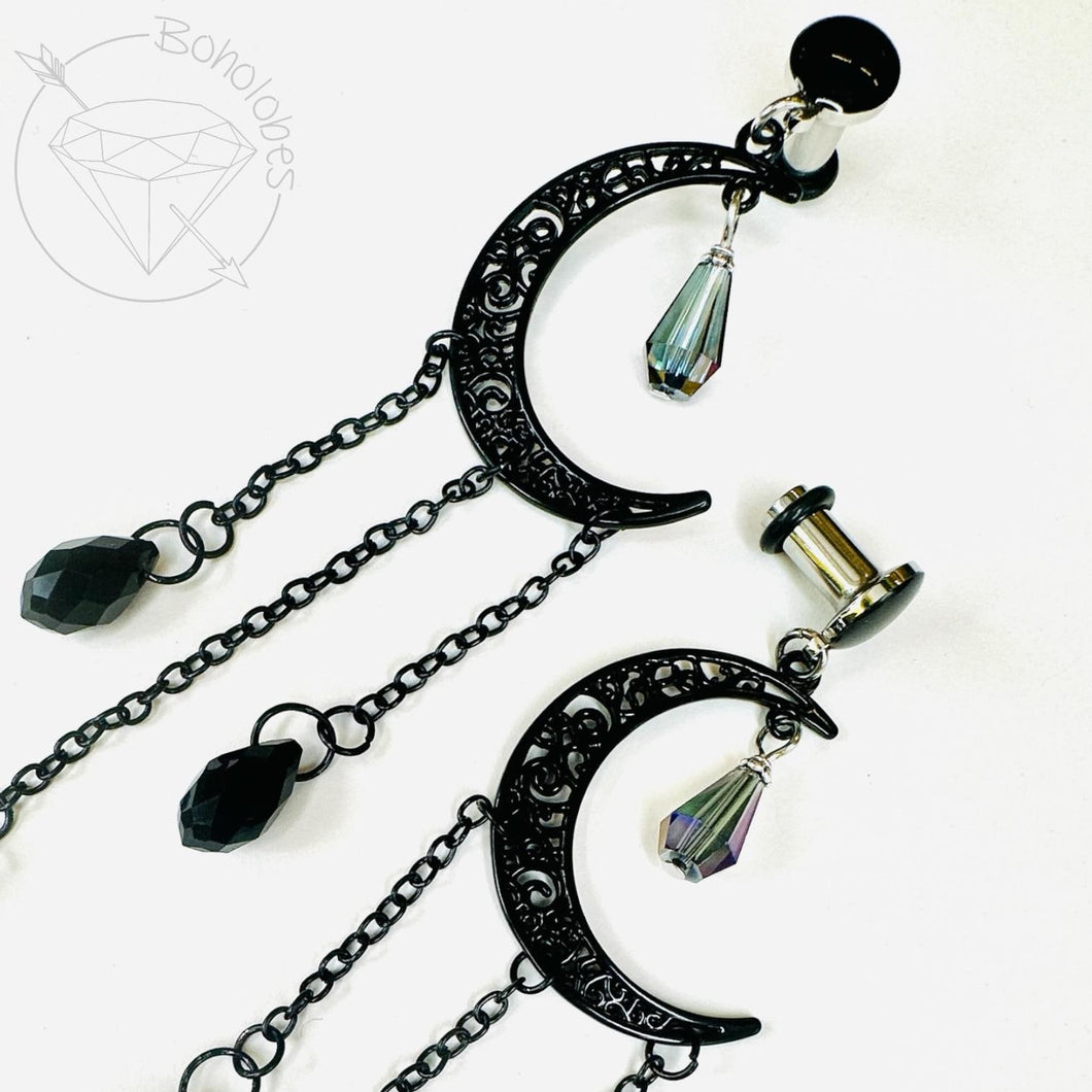 Black celestial crescent moon goth fall fashion dangle plugs with Ab crystal 8g 6g 4g 2g 1g 0g 11/32