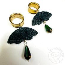 Load image into Gallery viewer, Green goth moth rose crystal screw back plugs gauges tunnels: 2g 0g 00g 1/2" 9/16" 5/8" 18mm 19mm 20mm 22mm 25mm