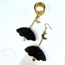 Load image into Gallery viewer, Black Goth Moth Celestial Dangle Plugs: Handmade Clay Ear Gauges