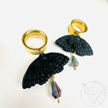 Load image into Gallery viewer, Black goth moth rose crystal screw back plugs gauges tunnels: 2g 0g 00g 1/2" 9/16" 5/8" 18mm 19mm 20mm 22mm 25mm