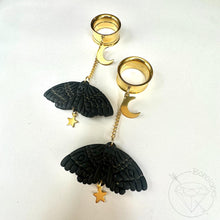 Load image into Gallery viewer, Black Goth Moth Celestial Dangle Plugs: Handmade Clay Ear Gauges