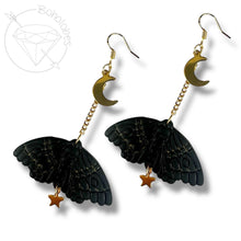 Load image into Gallery viewer, Black Goth Moth Celestial Dangle Plugs: Handmade Clay Ear Gauges