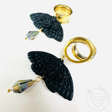 Load image into Gallery viewer, Black goth moth rose crystal screw back plugs gauges tunnels: 2g 0g 00g 1/2" 9/16" 5/8" 18mm 19mm 20mm 22mm 25mm