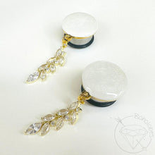 Load image into Gallery viewer, White and gold rhinestone wedding dangle plugs gauges 8g 6g 4g 2g 1g 0g 11/32" 00g 7/16" 1/2” 9/16” 5/8” 3/4” 7/8” 1”