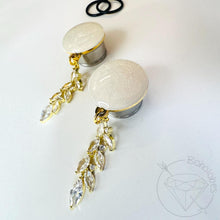 Load image into Gallery viewer, White and gold rhinestone wedding dangle plugs gauges 8g 6g 4g 2g 1g 0g 11/32" 00g 7/16" 1/2” 9/16” 5/8” 3/4” 7/8” 1”