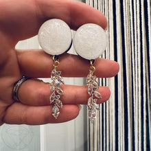 Load image into Gallery viewer, White and gold rhinestone wedding dangle plugs gauges 8g 6g 4g 2g 1g 0g 11/32" 00g 7/16" 1/2” 9/16” 5/8” 3/4” 7/8” 1”