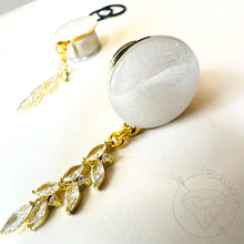 Load image into Gallery viewer, White and gold rhinestone wedding dangle plugs gauges 8g 6g 4g 2g 1g 0g 11/32" 00g 7/16" 1/2” 9/16” 5/8” 3/4” 7/8” 1”