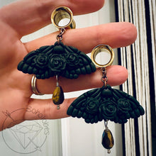 Load image into Gallery viewer, Green goth moth rose tiger eye screw back plugs gauges tunnels: 2g 0g 00g 1/2" 9/16" 5/8" 18mm 19mm 20mm 22mm 25mm