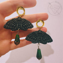 Load image into Gallery viewer, Green goth moth rose crystal screw back plugs gauges tunnels: 2g 0g 00g 1/2" 9/16" 5/8" 18mm 19mm 20mm 22mm 25mm