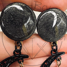 Load image into Gallery viewer, Black Celestial Silver Czech Moon Dangle Plugs, Gauges 8g 6g 4g 2g 1g 0g 11/32” 00g 7/16” 1/2” 9/16” 5/8” 11/13” 3/4” 13/16” 7/8” 1” 1 1/8"