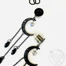 Load image into Gallery viewer, Black Celestial Silver Czech Moon Dangle Plugs, Gauges 8g 6g 4g 2g 1g 0g 11/32” 00g 7/16” 1/2” 9/16” 5/8” 11/13” 3/4” 13/16” 7/8” 1” 1 1/8"