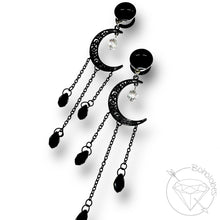 Load image into Gallery viewer, Black Celestial Silver Czech Moon Dangle Plugs, Gauges 8g 6g 4g 2g 1g 0g 11/32” 00g 7/16” 1/2” 9/16” 5/8” 11/13” 3/4” 13/16” 7/8” 1” 1 1/8"