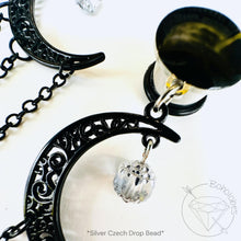 Load image into Gallery viewer, Black Celestial Silver Czech Moon Dangle Plugs, Gauges 8g 6g 4g 2g 1g 0g 11/32” 00g 7/16” 1/2” 9/16” 5/8” 11/13” 3/4” 13/16” 7/8” 1” 1 1/8"