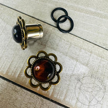 Load image into Gallery viewer, Red Tiger Eye Flower Plugs: Daisy Tunnels / Plugs