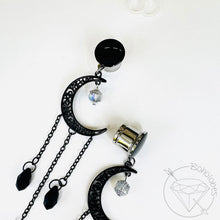 Load image into Gallery viewer, Black Celestial Silver Czech Moon Dangle Plugs, Gauges 8g 6g 4g 2g 1g 0g 11/32” 00g 7/16” 1/2” 9/16” 5/8” 11/13” 3/4” 13/16” 7/8” 1” 1 1/8"