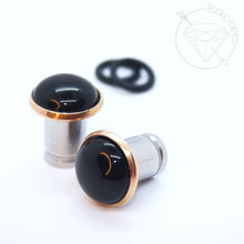 Load image into Gallery viewer, Black Agate Hider Plugs: Surgical Stainless Steel Tunnels for Gauged Ears 14g 12g 10g 8g 6g 4g 2g 1g 0g 11/32” 00g 7/16” 1/2”