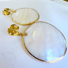 Load image into Gallery viewer, Light Ear Weights – Gold &amp; Mother of Pearl Disc Dangles - Gold Earrings 2G 0G 00G 1/2" 9/16" 5/8" 11/16" 3/4” 13/16" 7/8" 1"