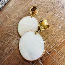 Load image into Gallery viewer, Light Ear Weights – Gold &amp; Mother of Pearl Disc Dangles - Gold Earrings 2G 0G 00G 1/2" 9/16" 5/8" 11/16" 3/4” 13/16" 7/8" 1"