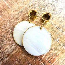 Load image into Gallery viewer, Light Ear Weights – Gold &amp; Mother of Pearl Disc Dangles - Gold Earrings 2G 0G 00G 1/2" 9/16" 5/8" 11/16" 3/4” 13/16" 7/8" 1"