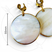 Load image into Gallery viewer, Light Ear Weights – Gold &amp; Mother of Pearl Disc Dangles - Gold Earrings 2G 0G 00G 1/2" 9/16" 5/8" 11/16" 3/4” 13/16" 7/8" 1"