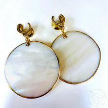 Load image into Gallery viewer, Light Ear Weights – Gold &amp; Mother of Pearl Disc Dangles - Gold Earrings 2G 0G 00G 1/2" 9/16" 5/8" 11/16" 3/4” 13/16" 7/8" 1"