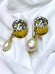 Crystal rhinestone rochelle pearl dangle hollow gold tunnels plugs: 2g 0g 00g